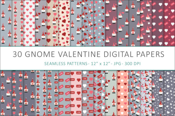 Gnome Valentines Digital Papers and Seamless Patterns for Creative Projects